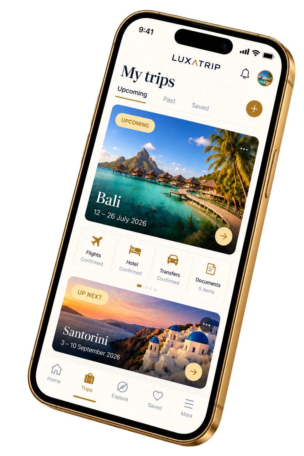 The LUXATRIP app showing upcoming trips, with Bali and Santorini